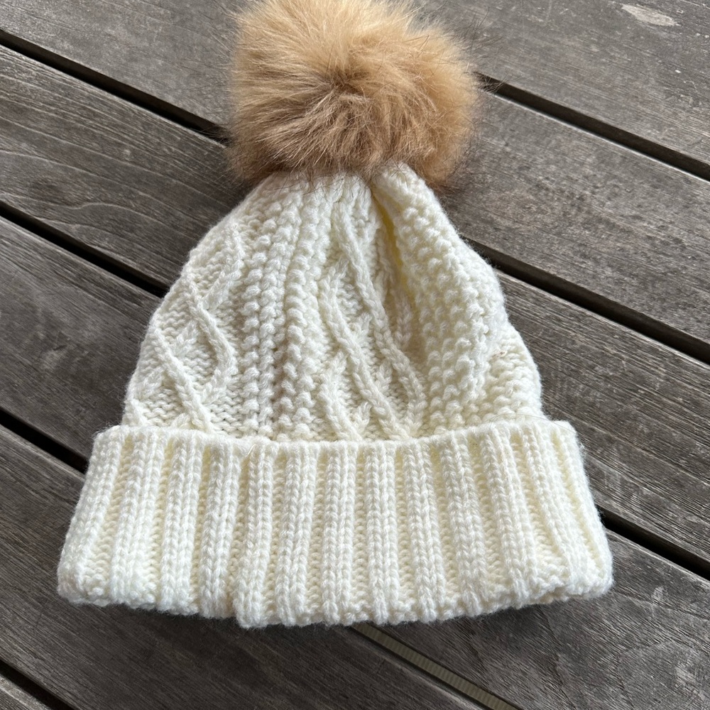 Rae Dunn Cream Knit Beanie with Tan Pom-Pom - Picture 2 of 3